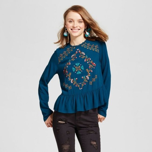 Xhilaration Tops - 'FINAL'  NEW Teal Embroidered Peplum Blouse Top D1